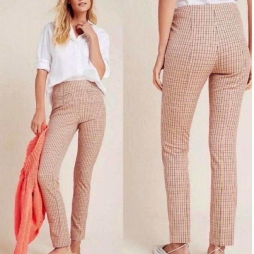 Anthropologie The Essential Slim Plaid Pants Tan Pink Yellow High Rise Size 6